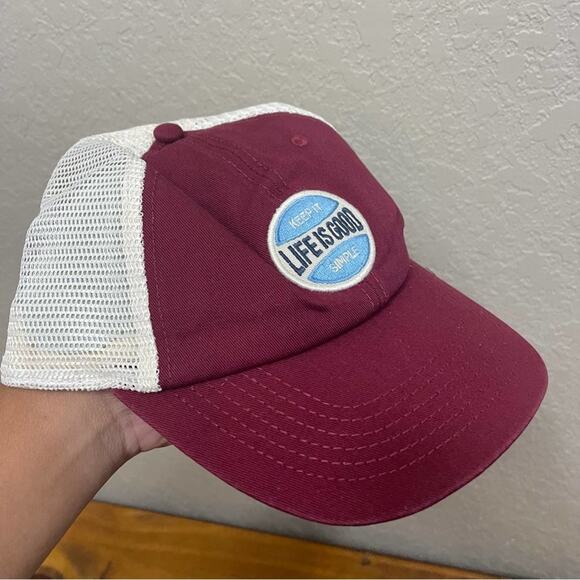 NWT LIFE IS GOOD Trucker Hat SnapBack Burgundy/Beige - Picture 2 of 7